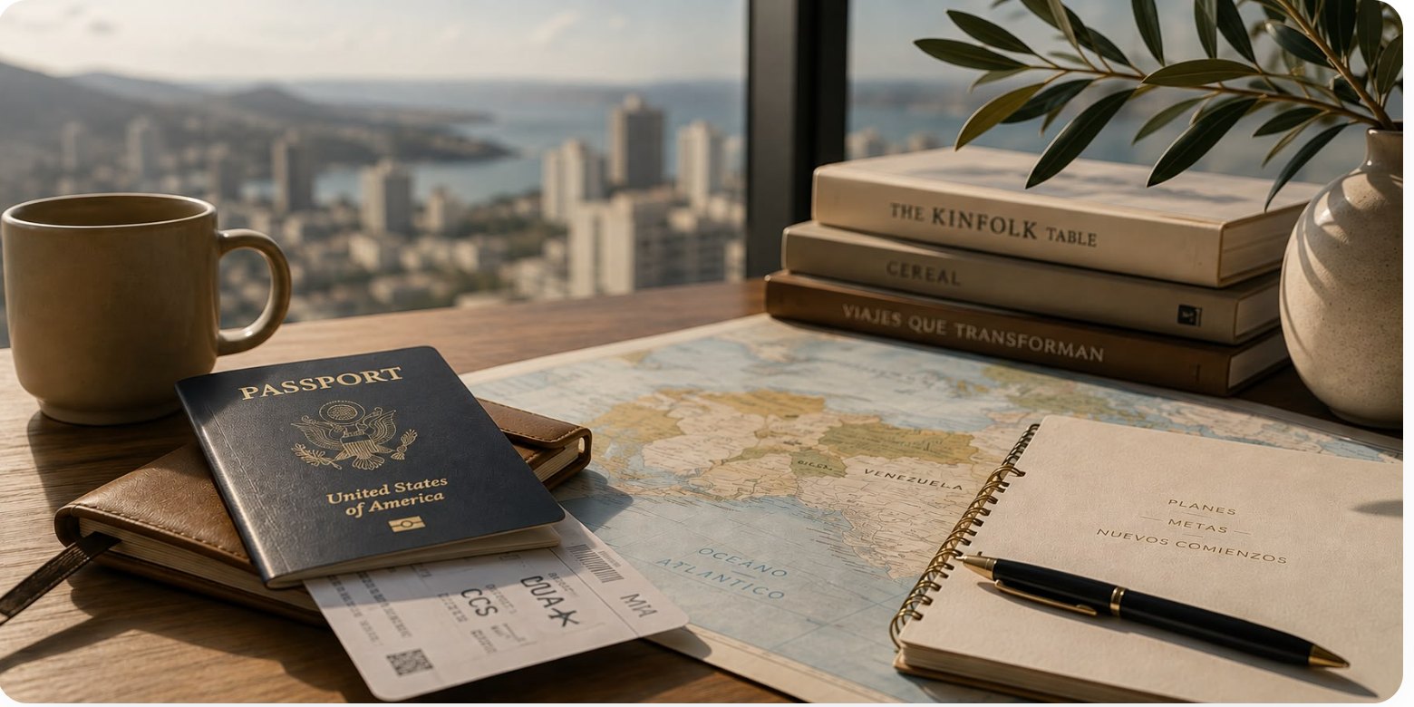 Escritorio de viaje con pasaporte, mapa, libreta y documentos