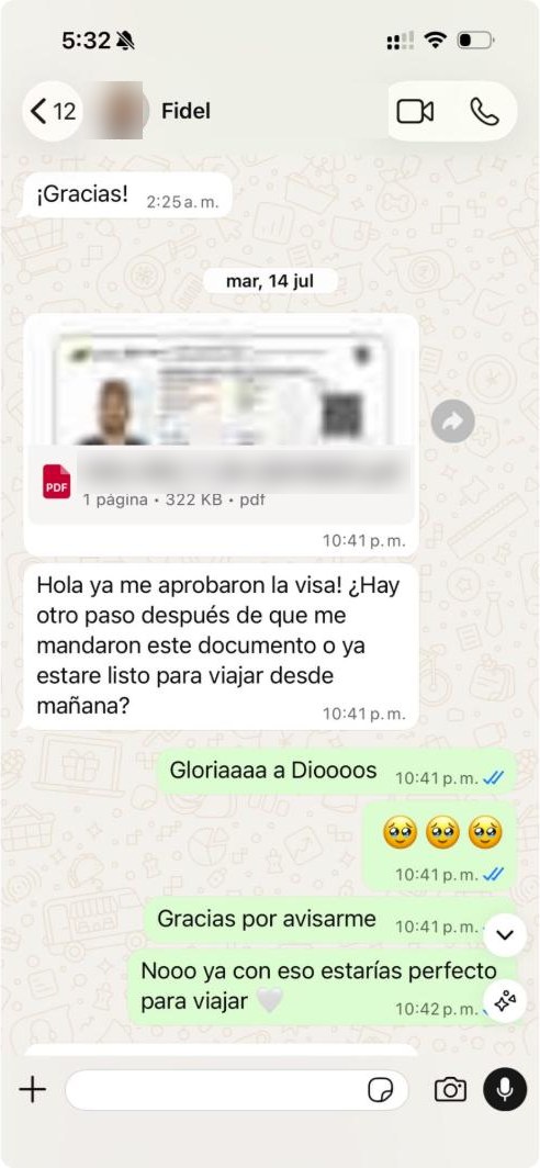 Cliente recibe su visa aprobada y pregunta por los siguientes pasos